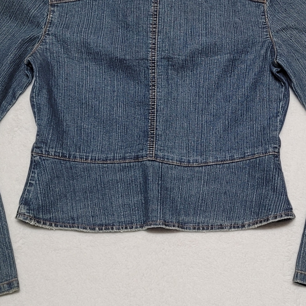 90s Vintage My Michelle Mid-Wash Blue Stretch Denim Red Floral Embroidery Jacket - Picture 8 of 10